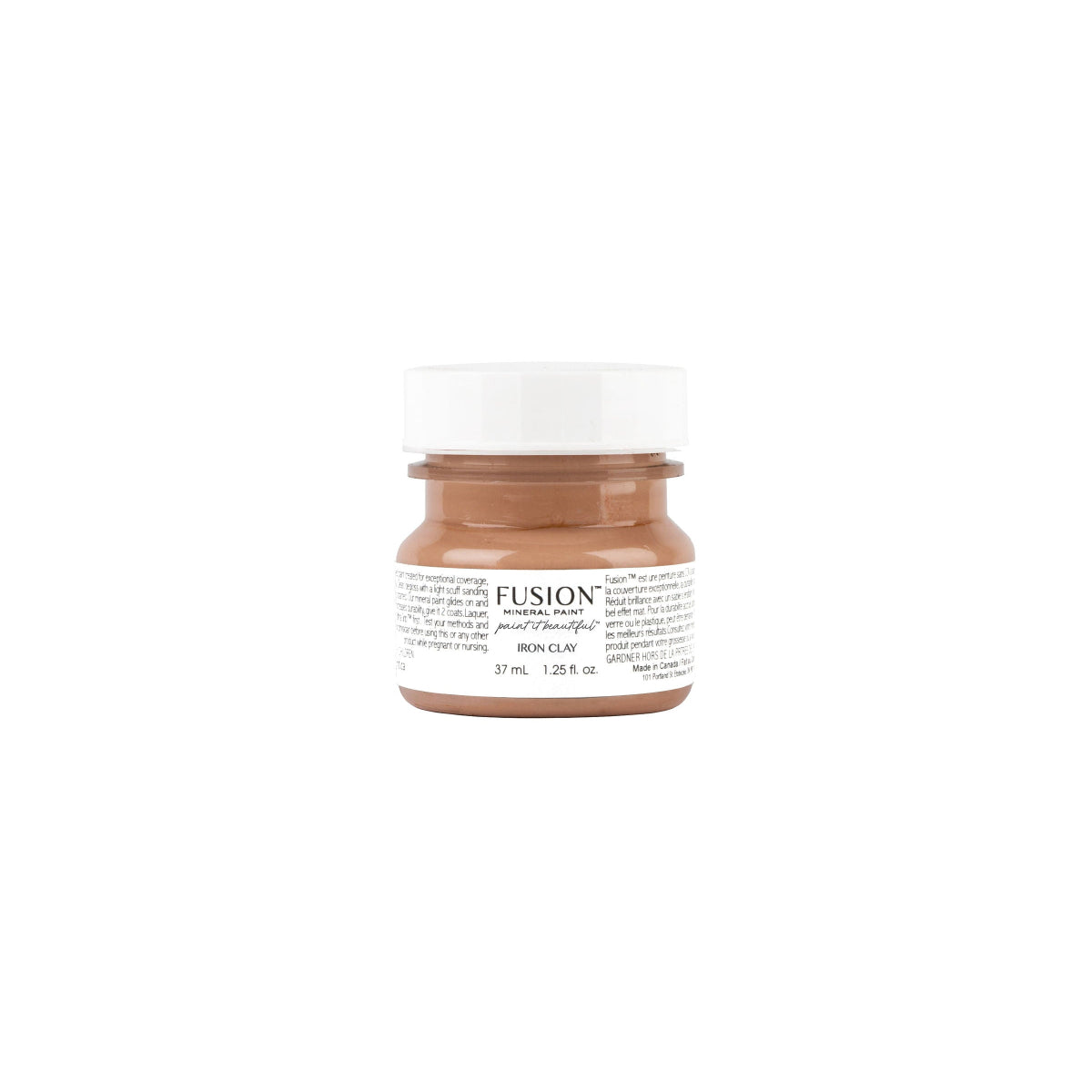 Tester size jar of Fusion Mineral Paint in Iron Clay on a white background