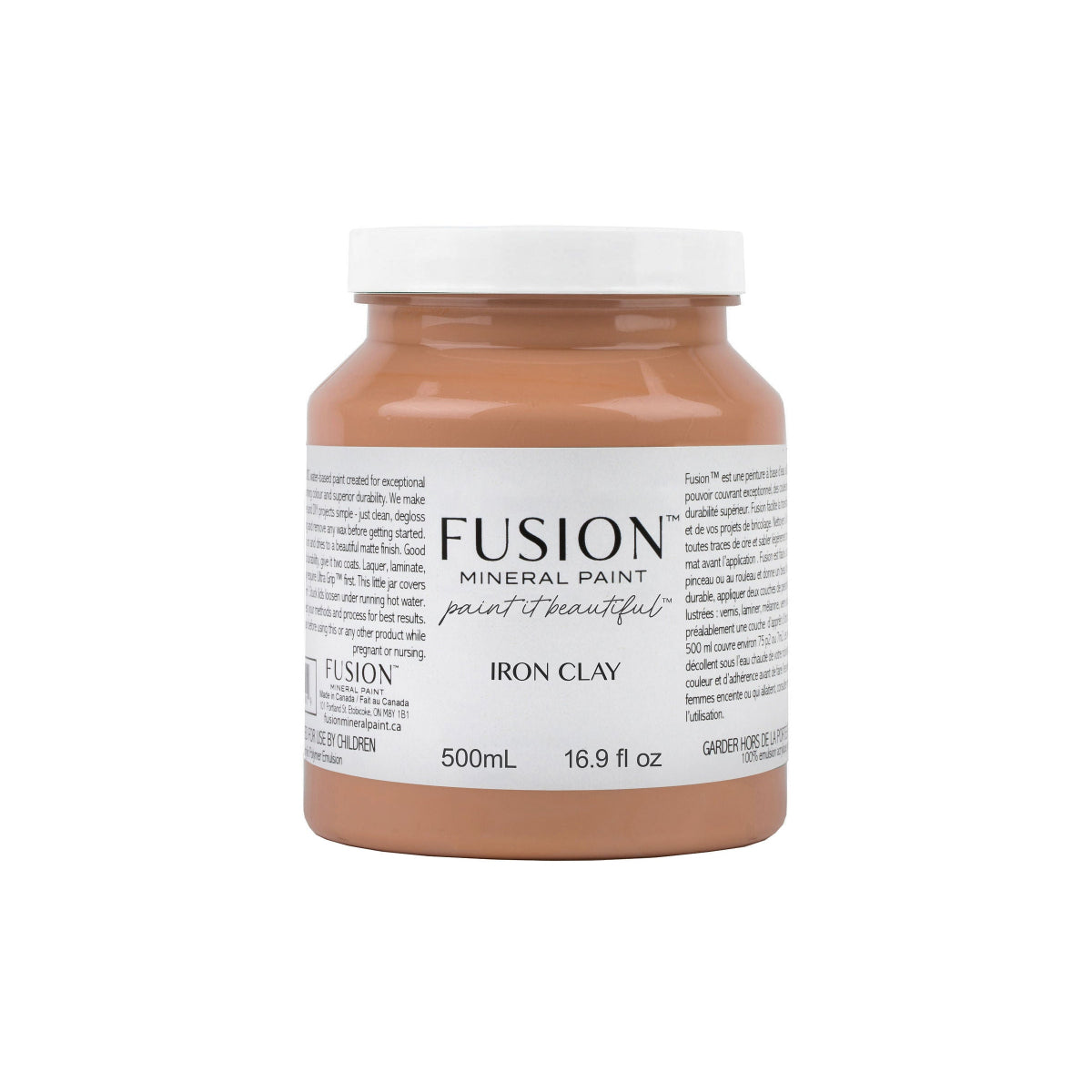 Jar of Fusion Mineral Paint in Iron Clay colour on a white background