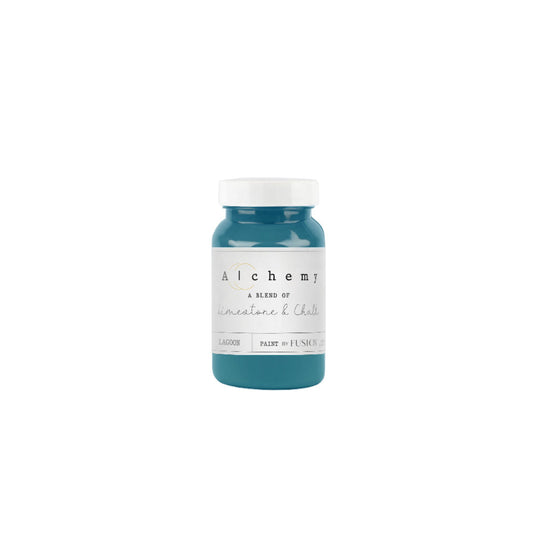Bottle of Alchemy paint in blue-green colour Lagoon on a white background