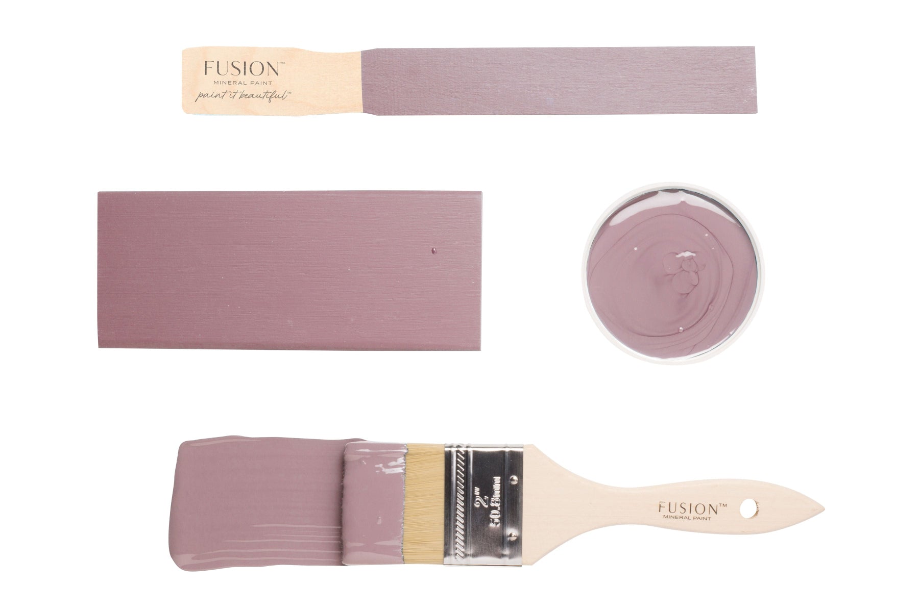 Fusion paint swatch and brush with Lavender Haze colour on a white background