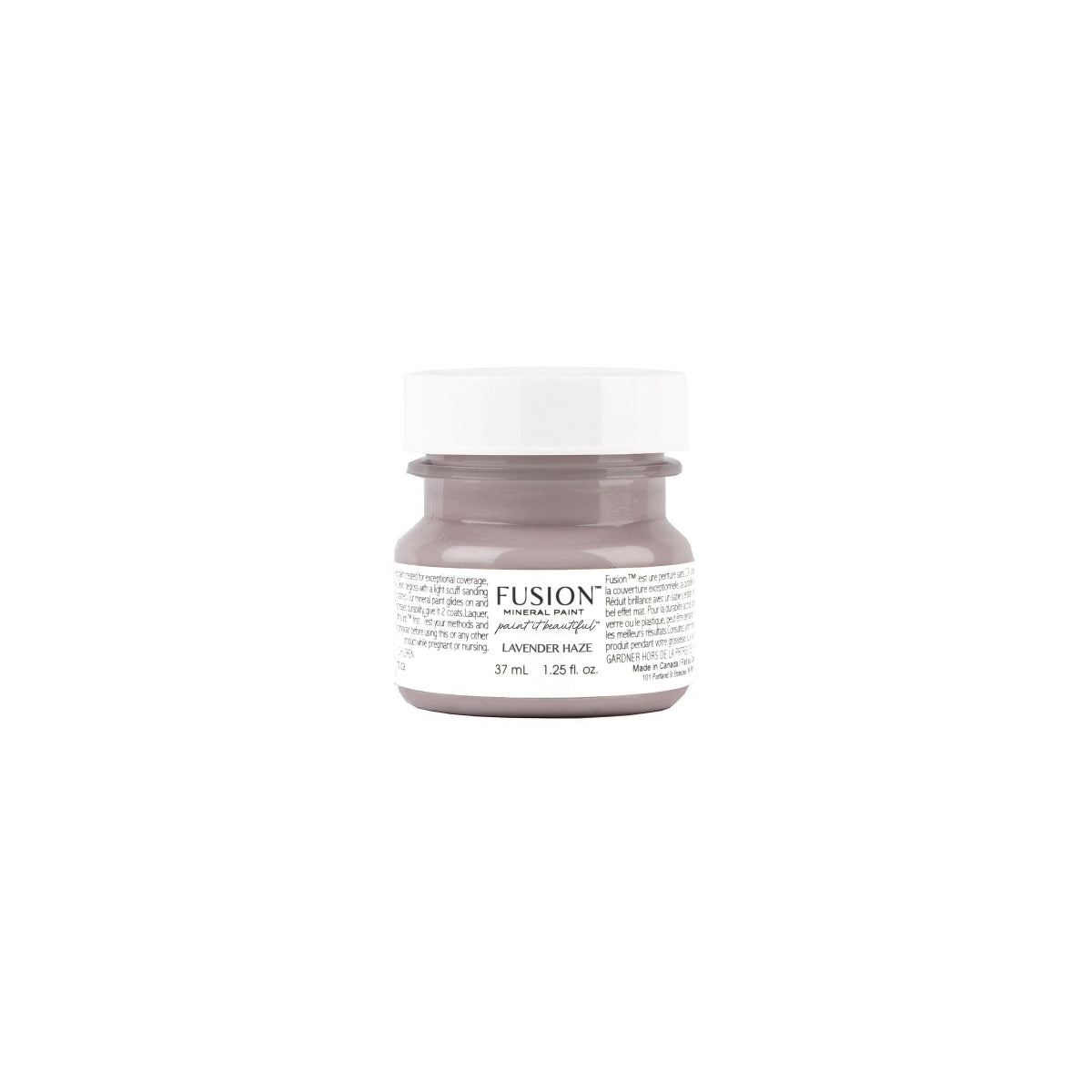 Tester jar of Fusion Lavendar Haze paint on a white background