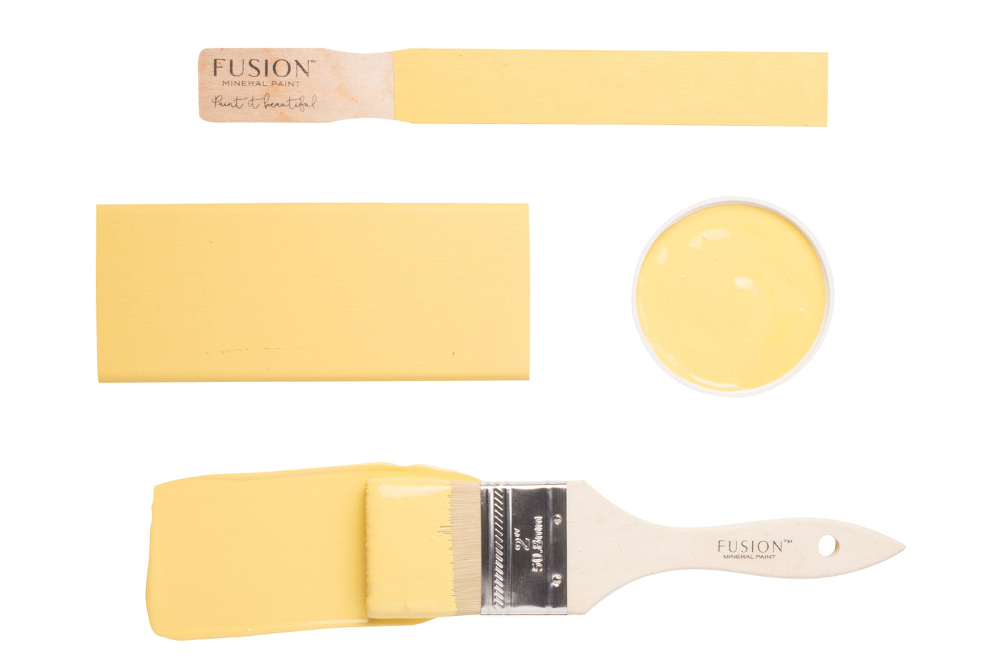 Fusion paintbrushes and paint swatches with yellow Little Star colour on a white background