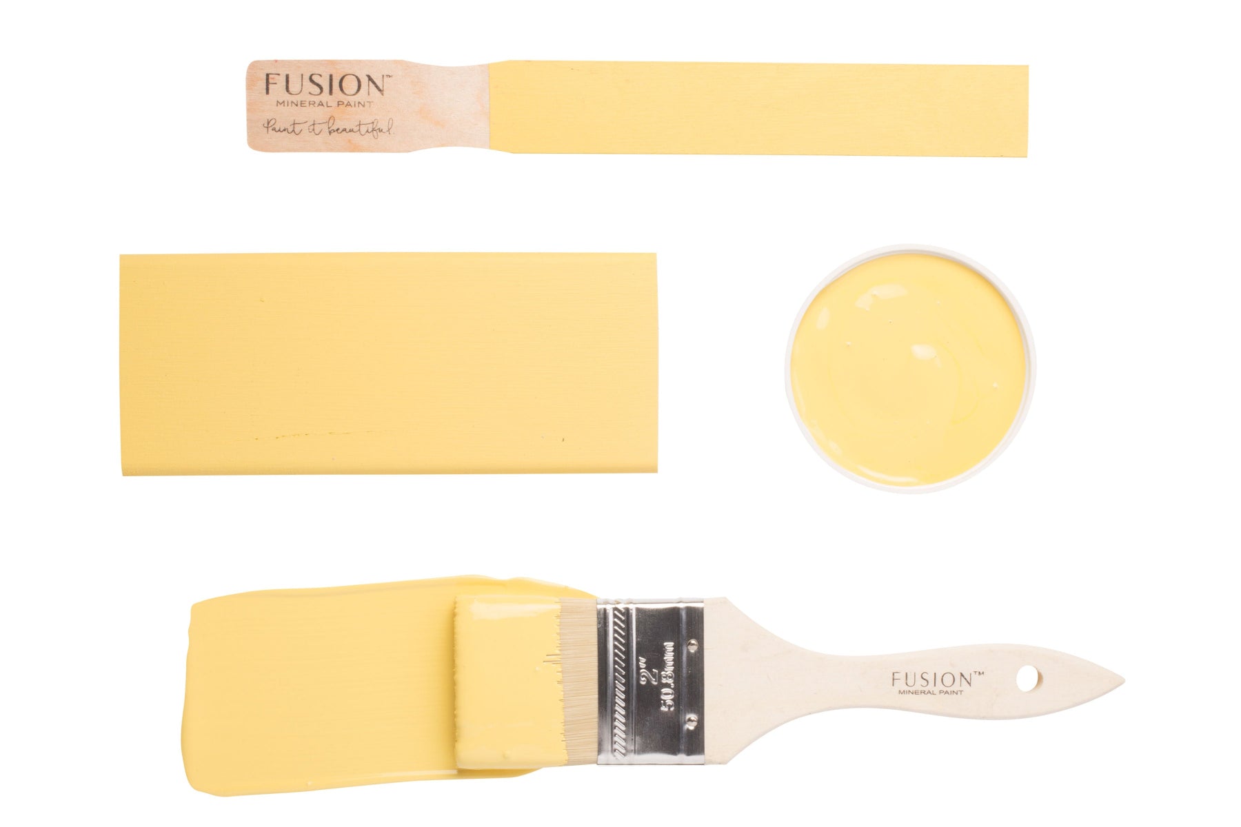 Fusion paintbrushes and paint swatches with yellow Little Star colour on a white background
