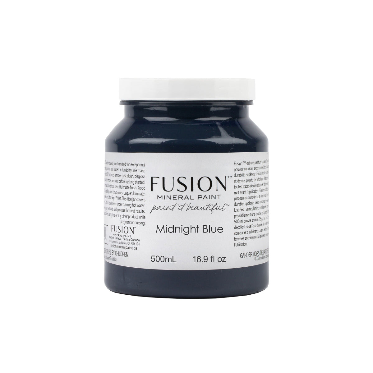 Fusion Mineral Paint jar of Midnight Blue on a white background