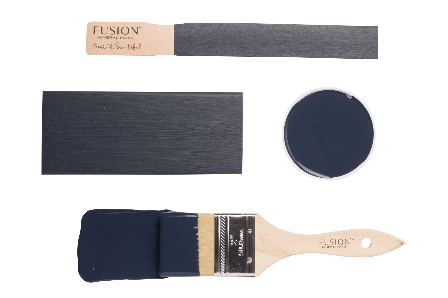 Fusion paintbrushes and paint swatches with Midnight Blue colour on a white background