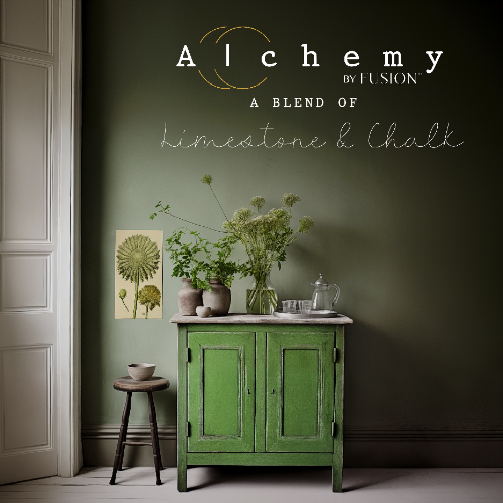 Wooden cabinet painted in a chalky green-yellow coloured paint called Moss from the Alchemy by Fusion range