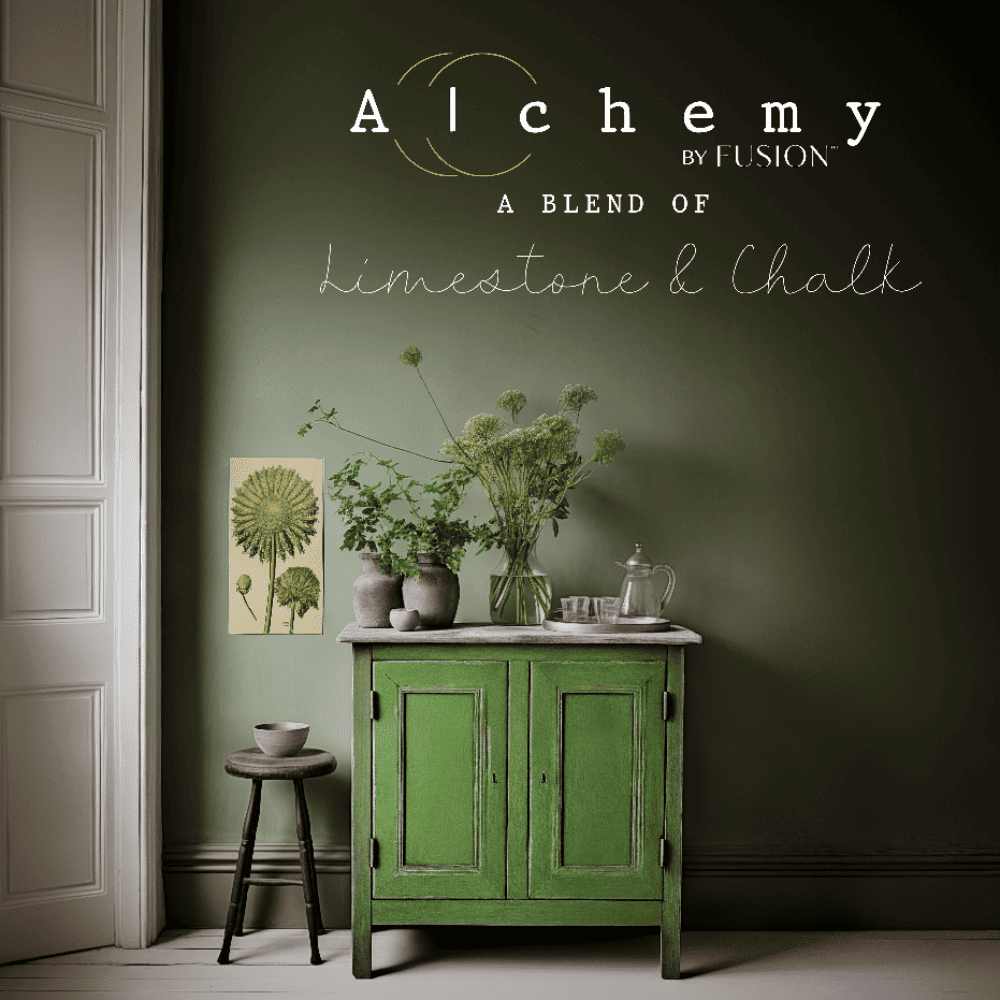 Wooden cabinet painted in a chalky green-yellow coloured paint called Moss from the Alchemy by Fusion range