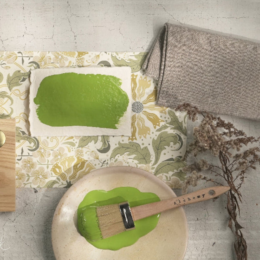 Table setting showing items with green-yellow coloured Moss paint from Alchemy by Fusion range