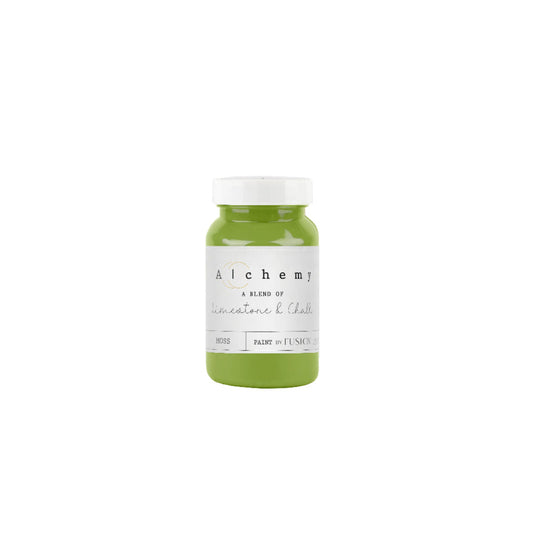 Green-yellow coloured Moss from Alchemy by Fusion paint range on a white background