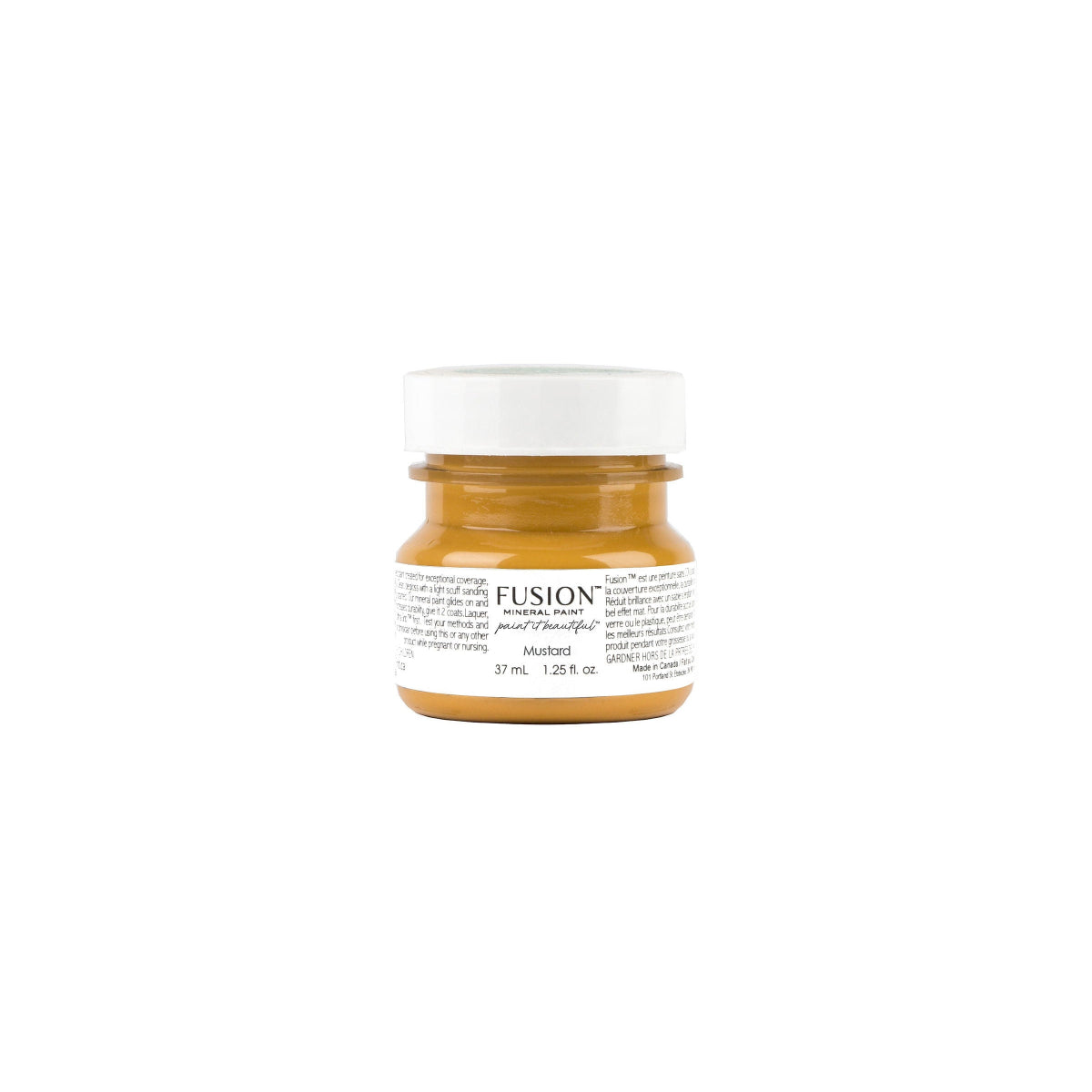 Tester size jar of Fusion Mineral Paint in Mustard colour on a white background