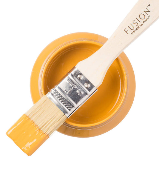Paintbrush with a Mustard Fusion Mineral Paint sample on a white background