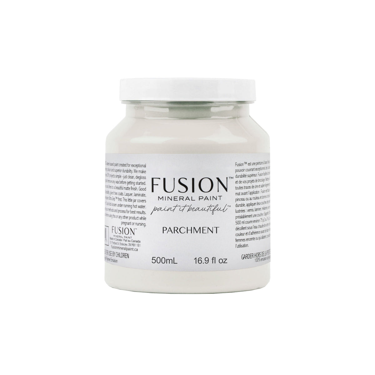 Jar of Fusion Mineral Paint in Parchment colour on a white background