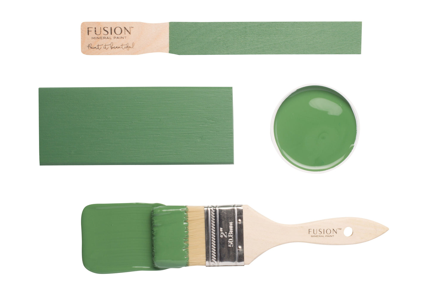 Paint swatch and brush with green Park Bench from Fusion Mineral Paint
