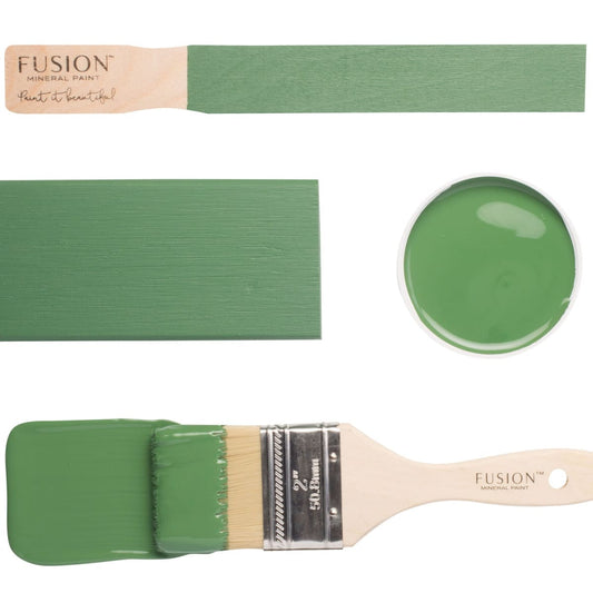 Paint swatch and brush with green Park Bench from Fusion Mineral Paint