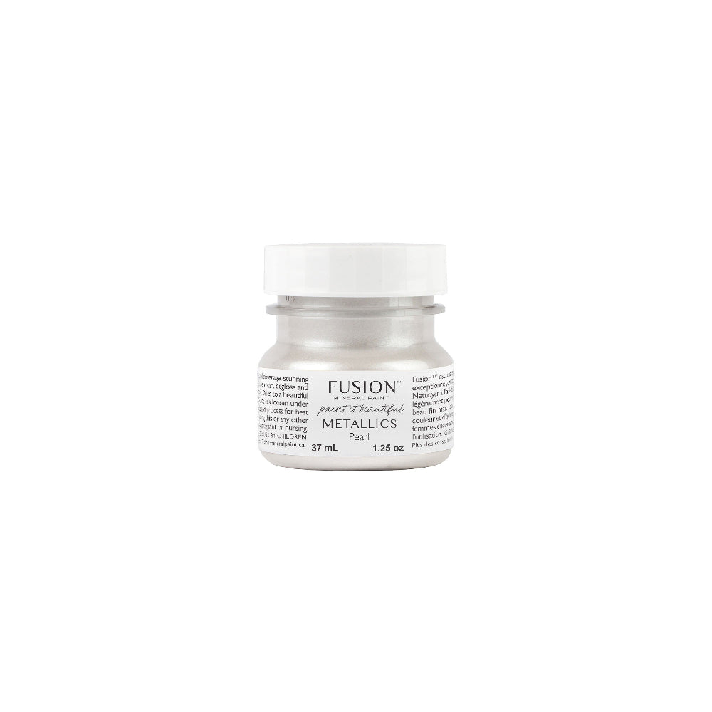 Fusion Mineral Paint tester-sized jar of Metallic Pearl on a white background