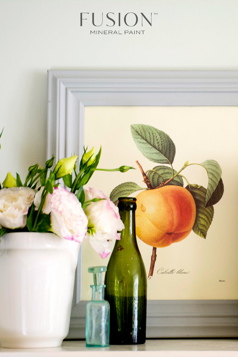 A botanical print of an apricot in a frame painted in Pebble from the Fusion Mineral Paint range with glass jars and vase of flowers