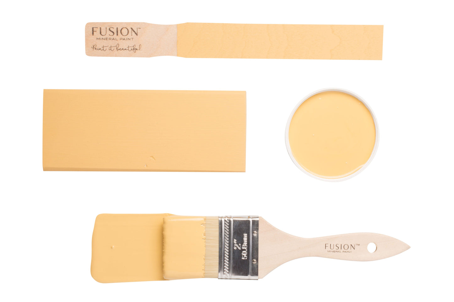 Paint swatch and brush painted in Prairie Sunset colour from the Fusion Mineral Paint range