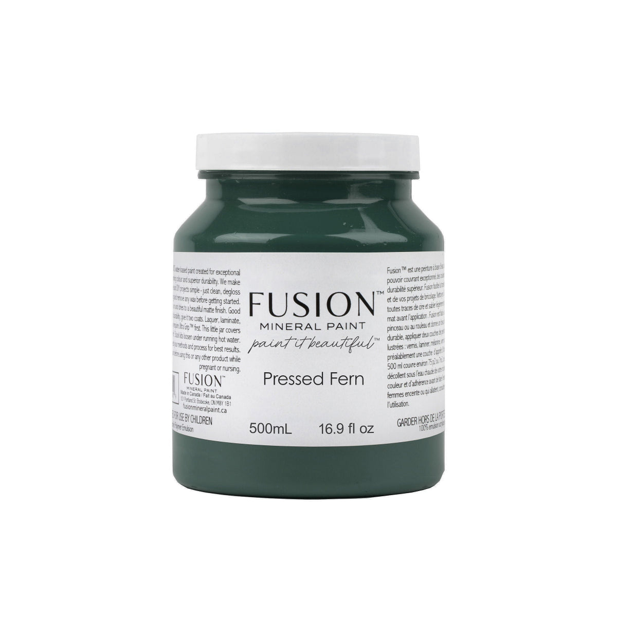 Fusion Mineral Paint jar labelled 'Pressed Fern' on a white background