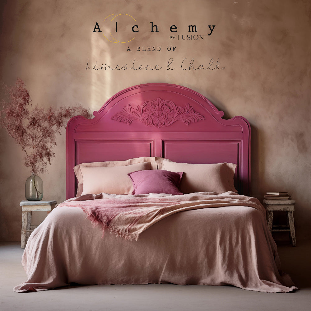 Bedroom featuring a headboard painted in vivid pink Raspberry from the Alchemy by Fusion range