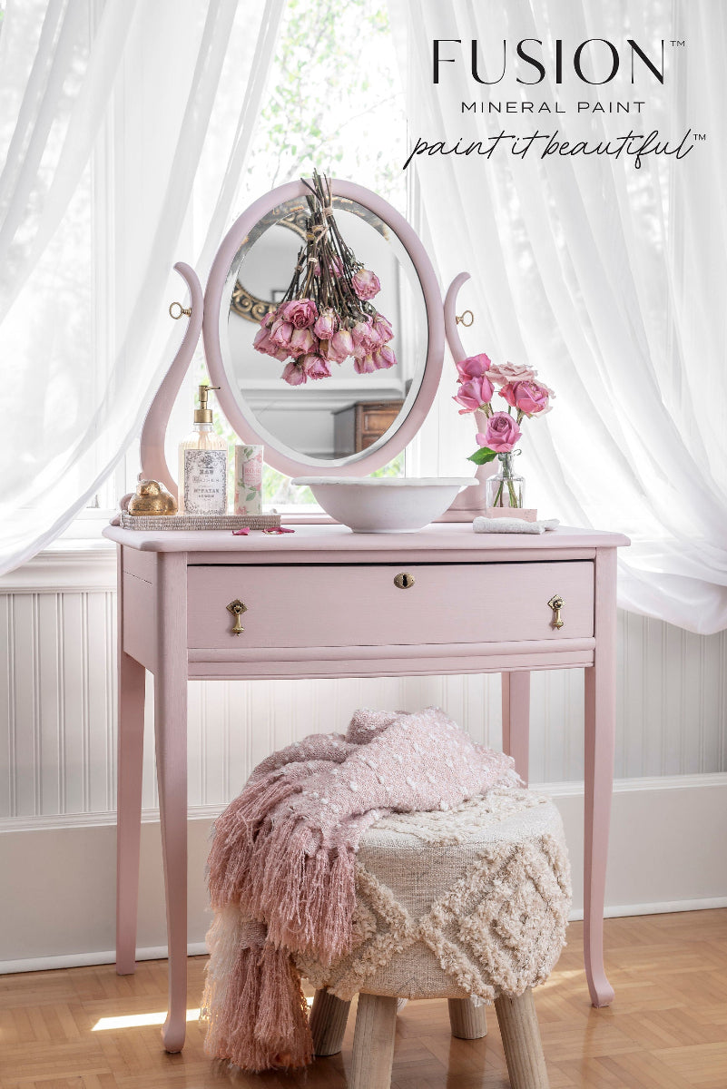 Vanity table with mirror painted in pink Rose Water from Fusion Mineral Paint range
