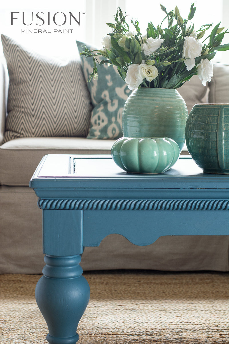 Wooden coffee table painted in brilliant blue Seaside from the Fusion Mineral Paint range