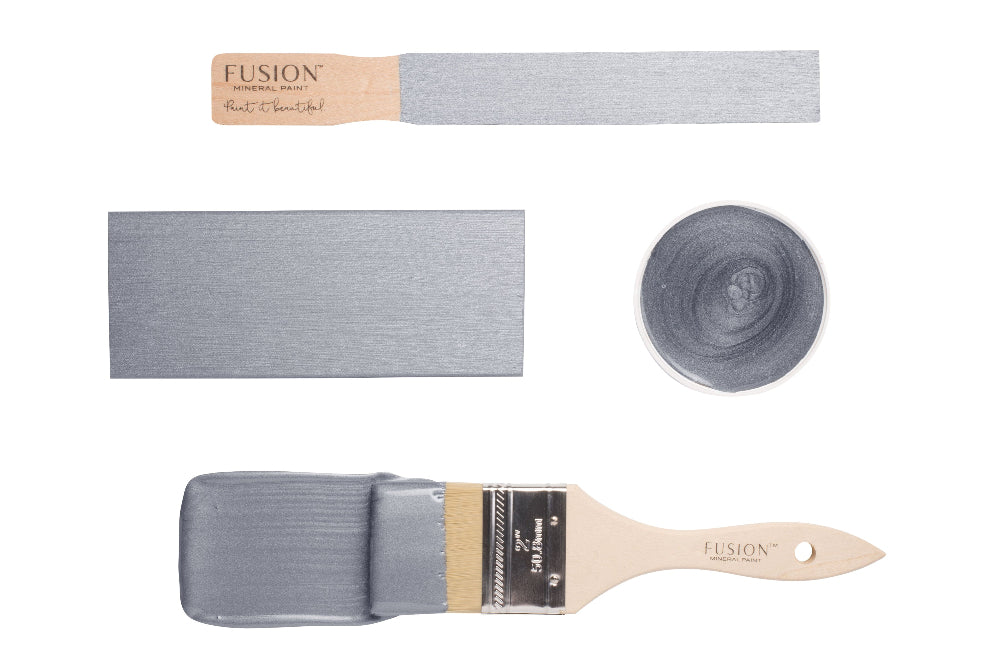 Paint brush and swatches with Fusion Mineral Paint in Silver Metallic on a white background
