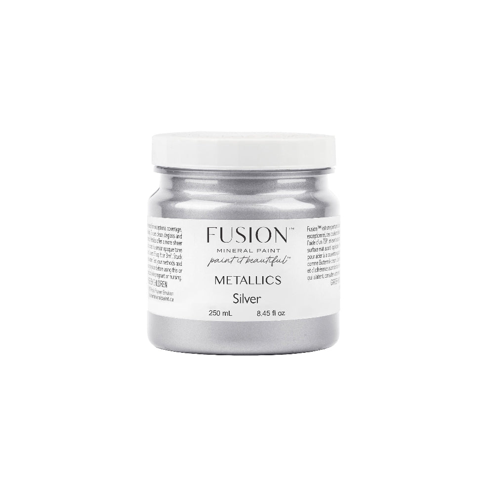 Fusion Metallics Silver paint jar on a white background