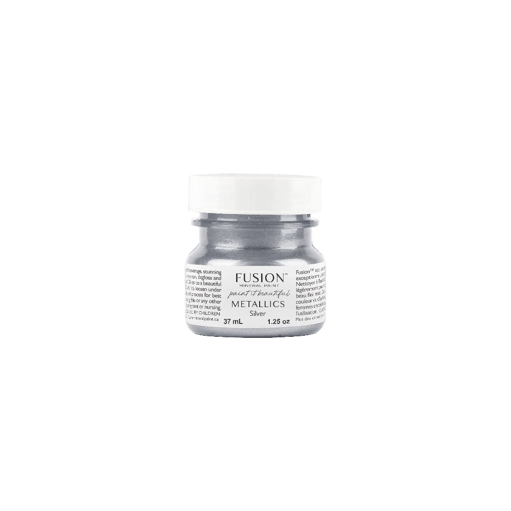 Tester size jar of Silver Metallic Fusion Mineral Paint on a white background