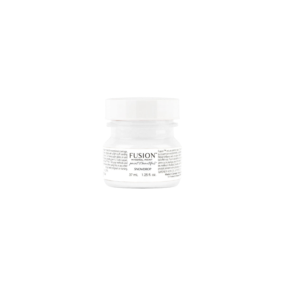 Tester-sized Fusion Snowdrop Mineral Paint white on a white background