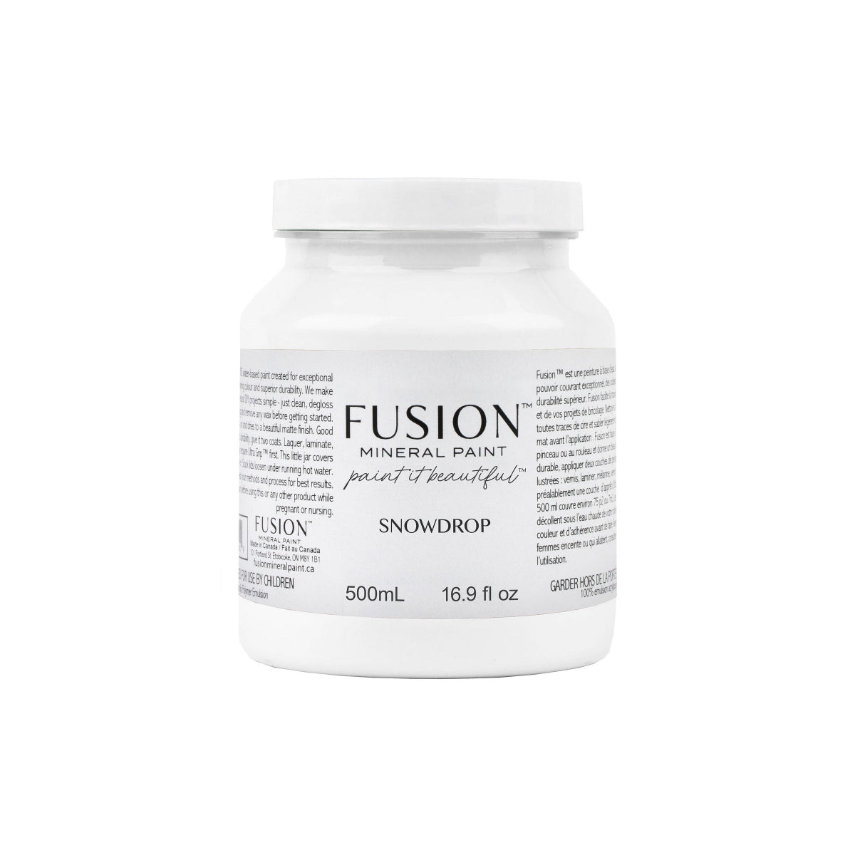 Fusion Mineral Paint jar labelled 'Snowdrop' on a white background