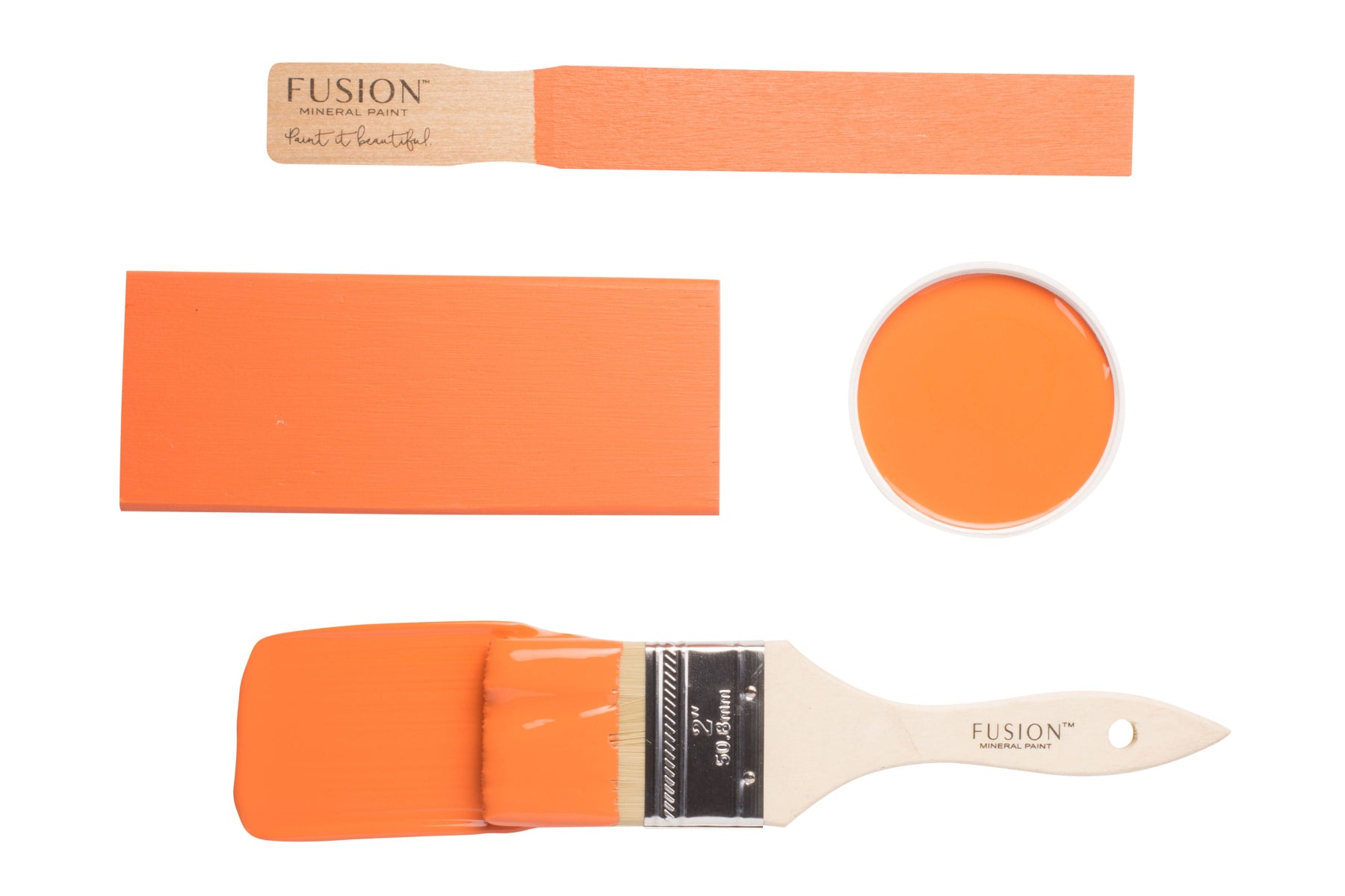 Fusion Mineral Paint brush and colour swatches in Tuscan Orange on a white background