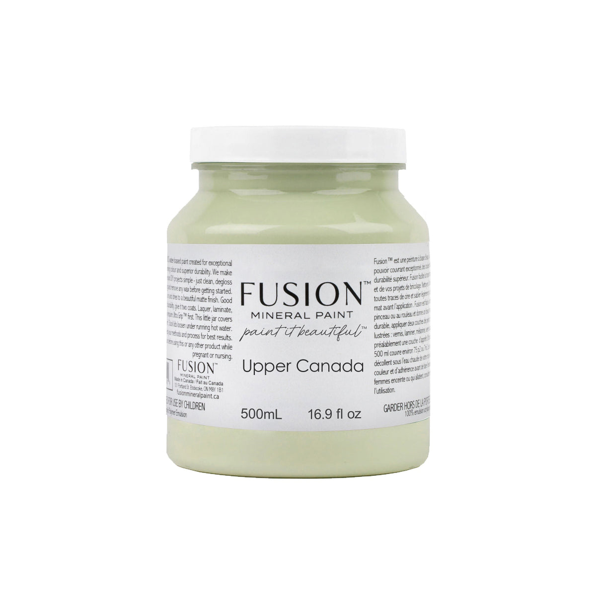Jar of Fusion Mineral Paint in Upper Canada Green colour on a white background