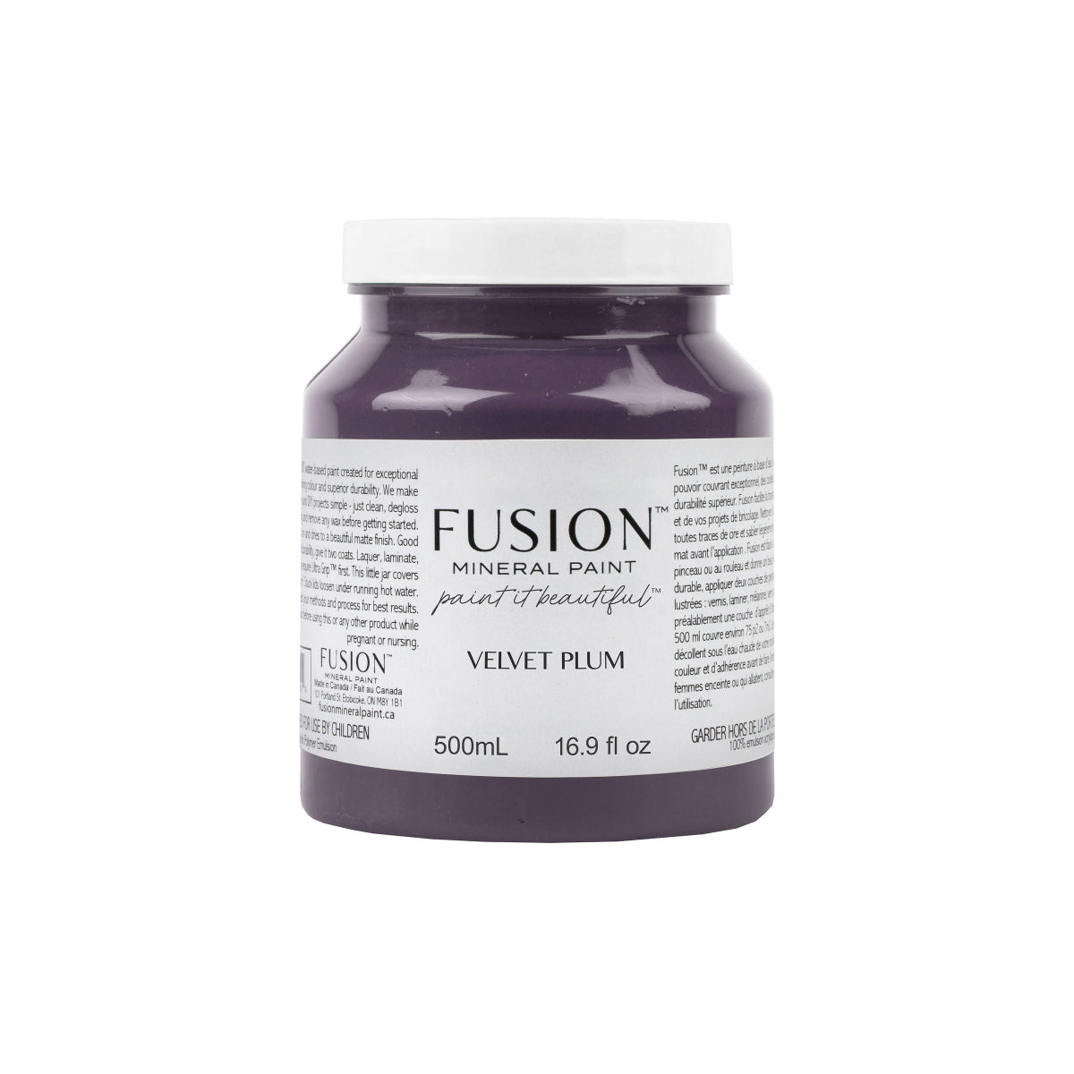 Bottle of Fusion Mineral Paint in Velvet Plum colour on a white background