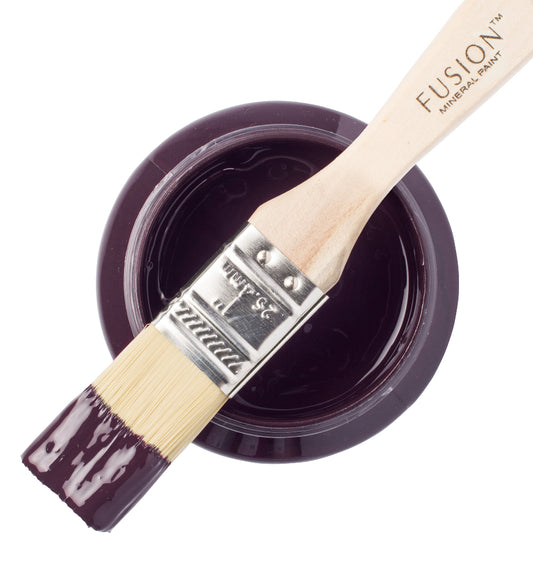 Paint brush with purple Velvet Plum paint and 'Fusion Mineral Paint' branding on a white background.