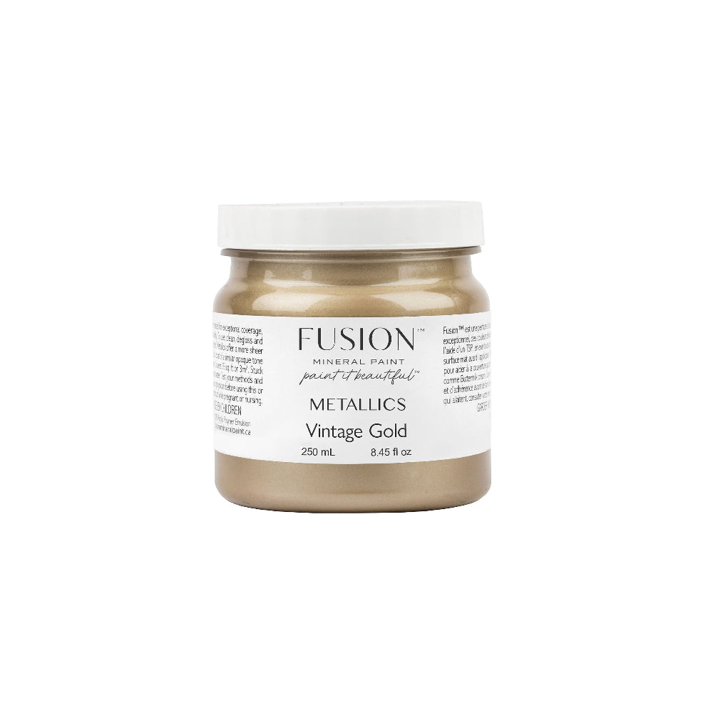 Fusion Metallics Vintage Gold paint jar on a white background