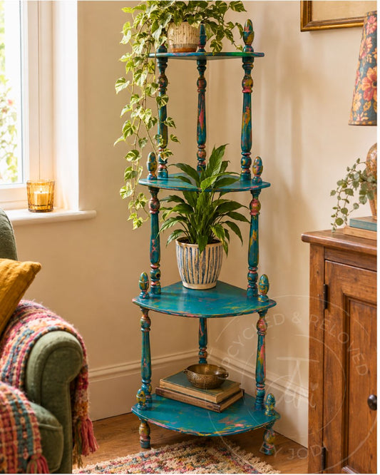 Colourful Teal Corner Plant Stand | Vintage Upcycled Whatnot Shelf