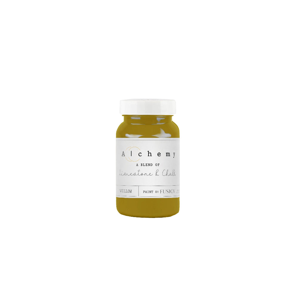 Bottle of gorgeous green-mustard Willow paint from the Alchemy by Fusion range on a white background