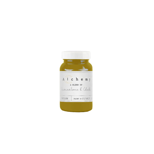 Bottle of gorgeous green-mustard Willow paint from the Alchemy by Fusion range on a white background