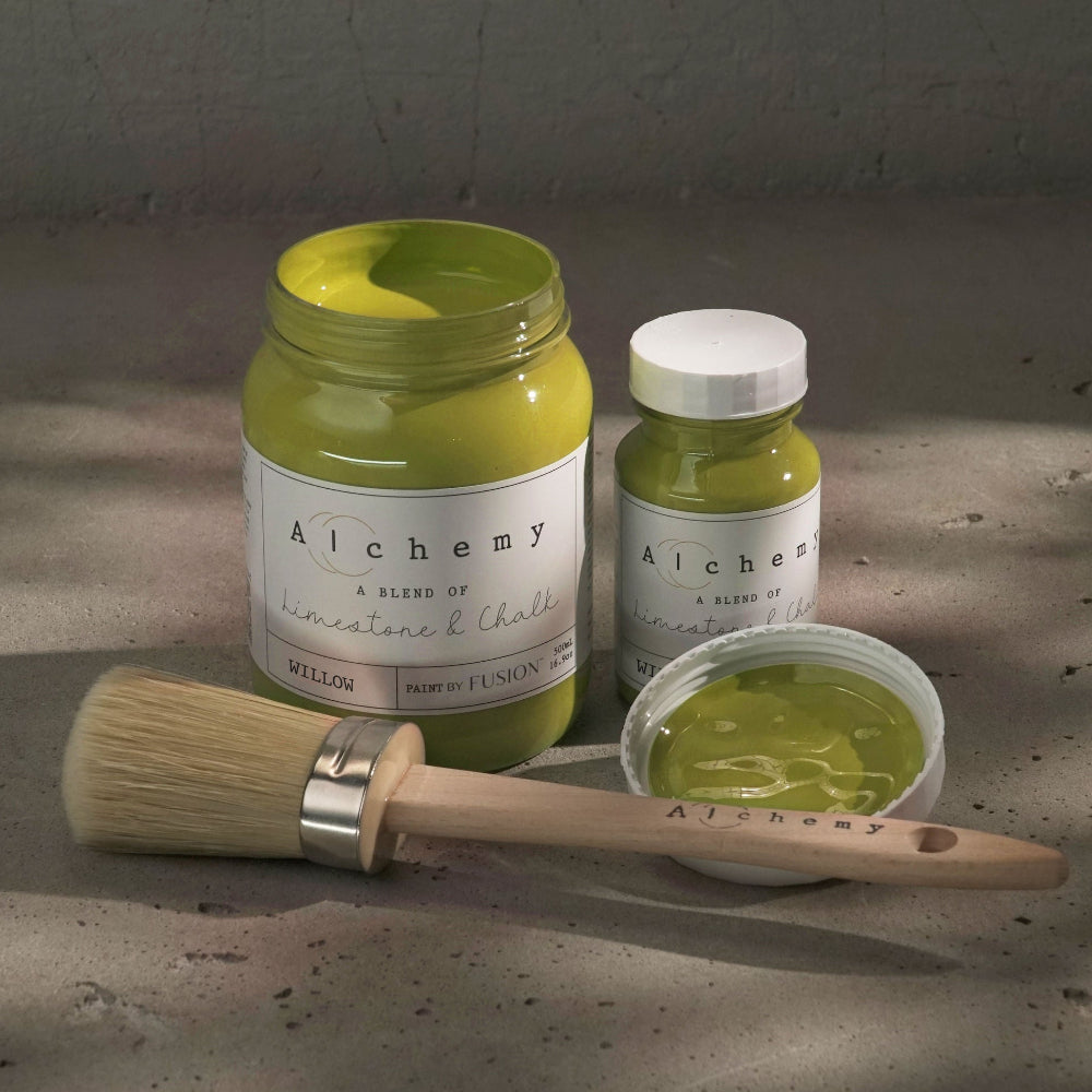 Jars of greeny-mustard Willow paint from Alchemy by Fusion