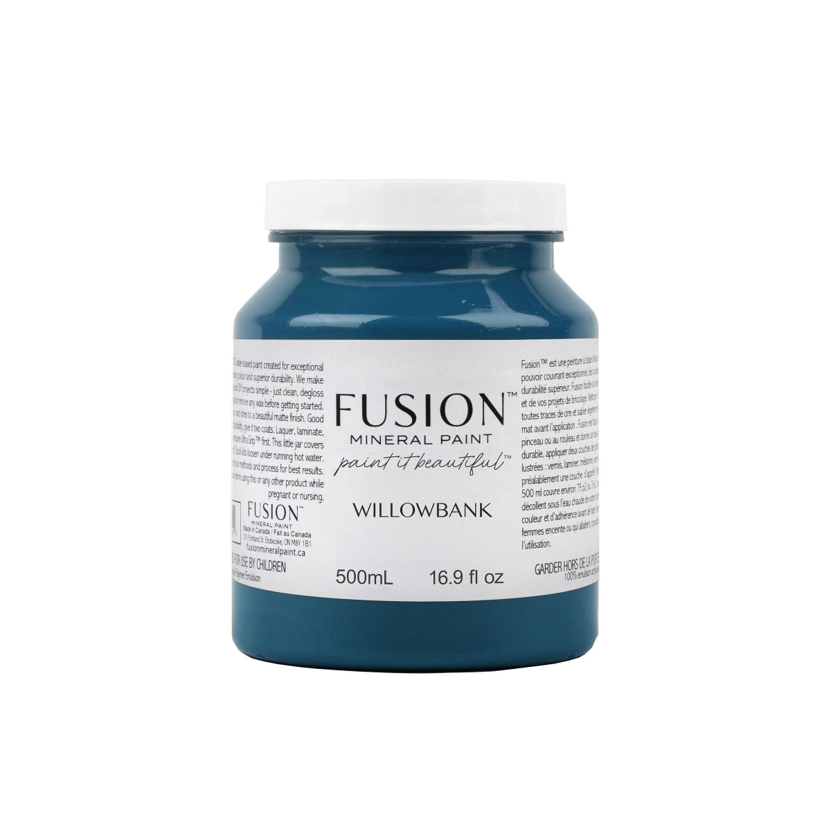Fusion Mineral Paint jar with Willowbank colour on a white background