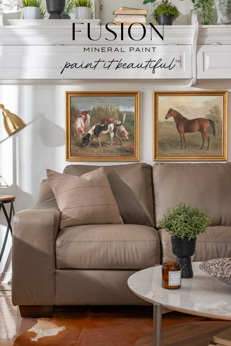 A couch painted in Wood Wick from Fusion Mineral Paint range set in a living room