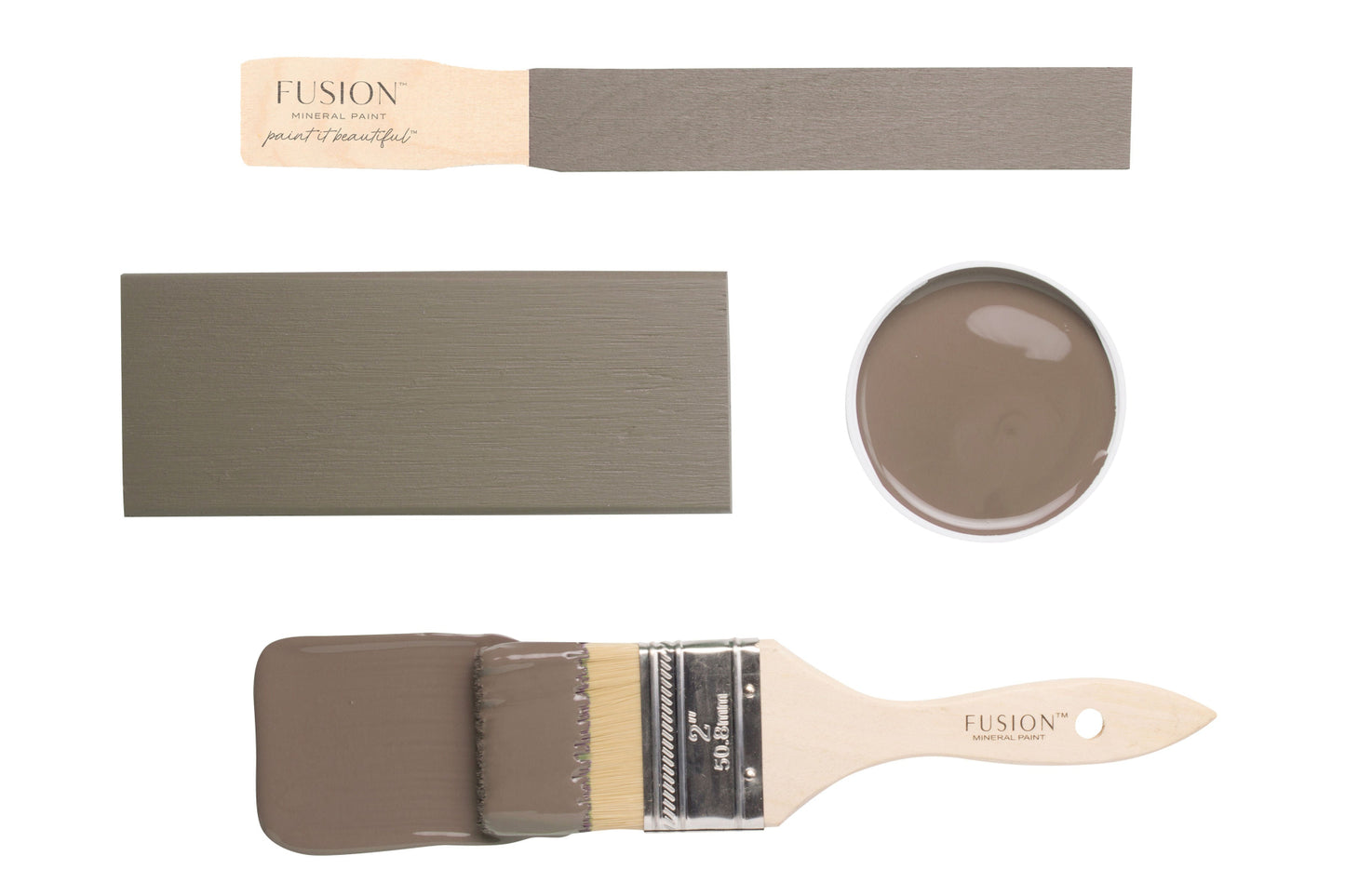 Fusion Mineral Paint Wood Wick paint swatches and brush on a white background