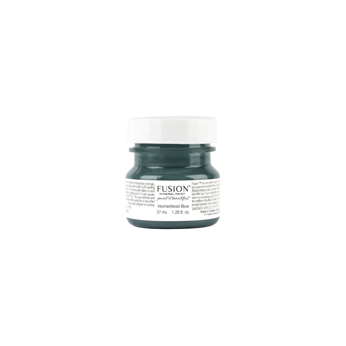 Tester-sized jar of Fusion Mineral Paint in Homestead Blue on a white background.