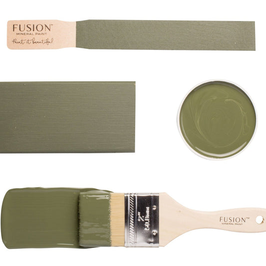 Fusion Bayberry paint swatch, brush, and container on a white background