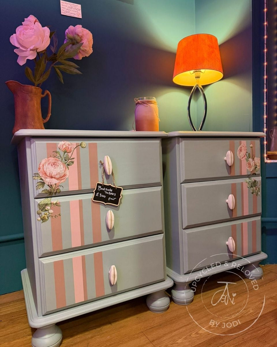 Pair of Blue and Pink Striped and Floral Bedside Table Cabinets