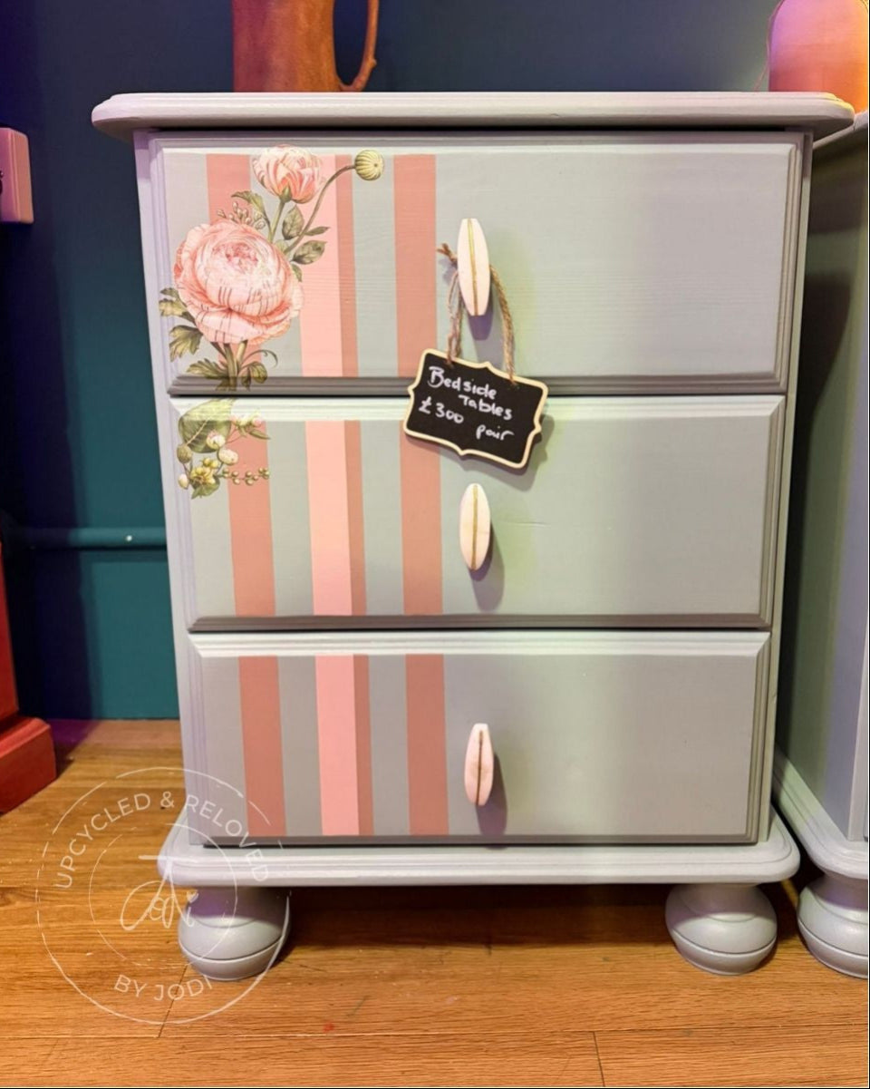 Pair of Blue and Pink Striped and Floral Bedside Table Cabinets