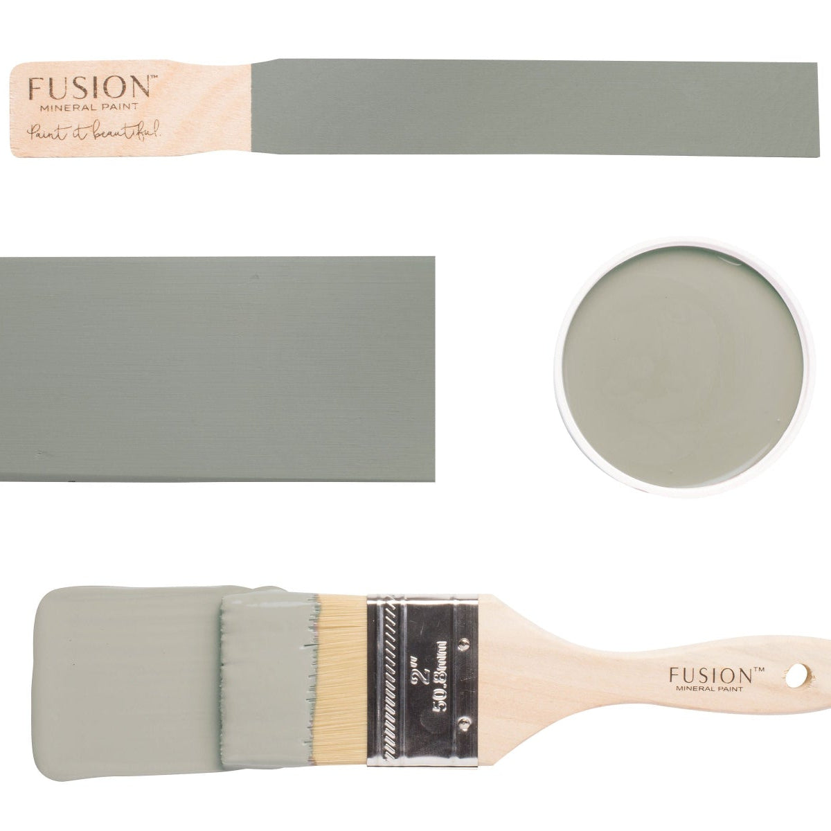 Fusion paint brush and colour samples with 'Bellwood' colour on a white background