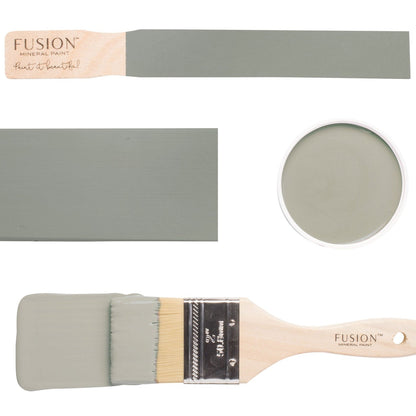 Fusion paint brush and colour samples with 'Bellwood' colour on a white background
