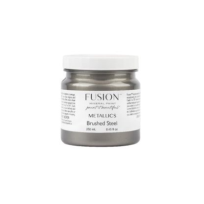 Brushed Steel Fusion Metallics paint jar on a white background