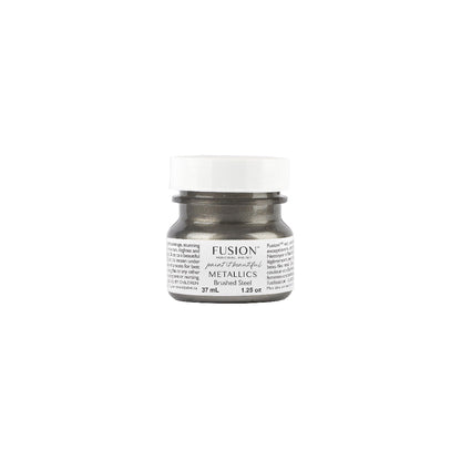 Tester jar of Fusion Brushed Steel Metallic paint on a white background